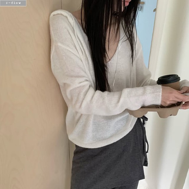포닝 후드 브이넥 루즈핏 긴팔 니트 3col 가을 봄 레이어드 모헤어 오버핏 제이플로우 - 상세 이미지 2