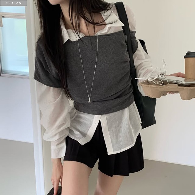 푸든 카라넥 옆버튼 라인 셔츠 2col 가을 봄 투웨이 시스루 하프 슬림핏 제이플로우 - 상세 이미지 3