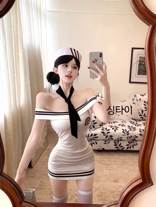해군 스타일 원피스 bj 이벤트 룩 스트리머 춤추는 귀엽고 깜찍한 힙업 미니스커트 화이트 - 상세 이미지 2
