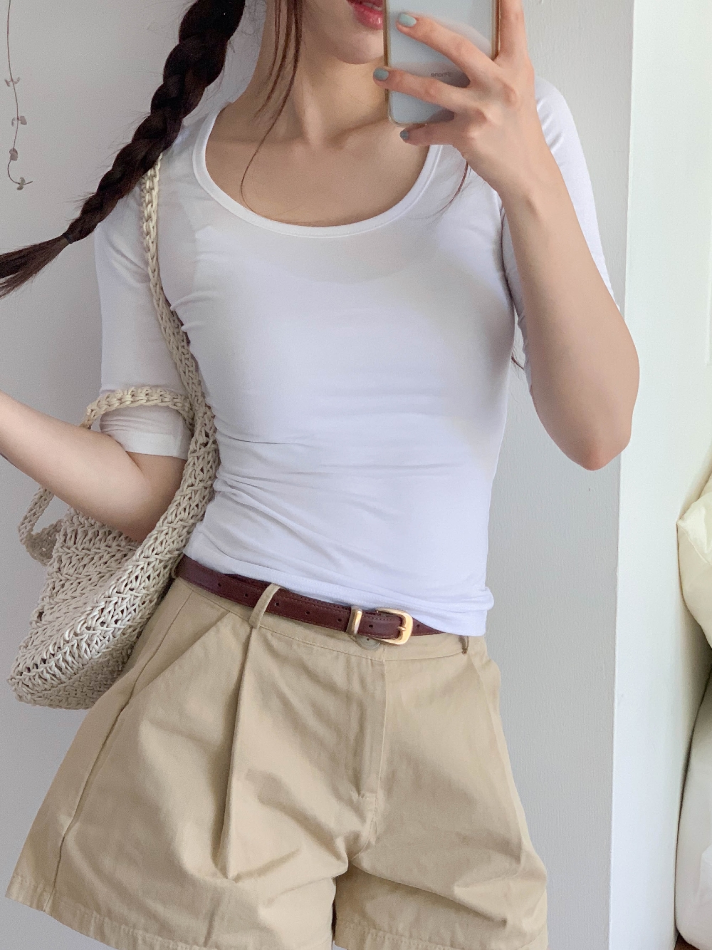 세미크롭티 유넥티 5부티셔츠 슬림 무지 기본 이너 반팔 티셔츠 - 상세 이미지 4