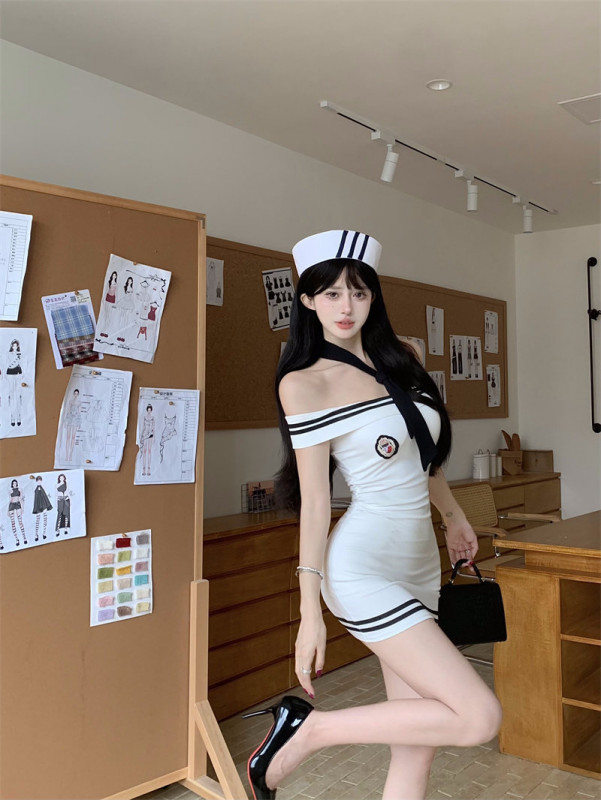 해군 스타일 원피스 bj 이벤트 룩 스트리머 춤추는 귀엽고 깜찍한 힙업 미니스커트 화이트 - 상세 이미지 4