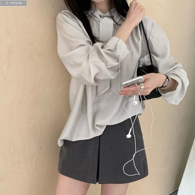 온나 루즈핏 리버시블 타이 블라우스 2col 가을 봄 투웨이 레이어드 긴팔 제이플로우 이미지 6