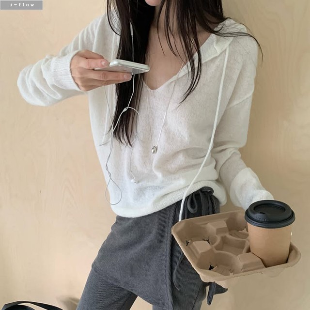 포닝 후드 브이넥 루즈핏 긴팔 니트 3col 가을 봄 레이어드 모헤어 오버핏 제이플로우 - 상세 이미지 5