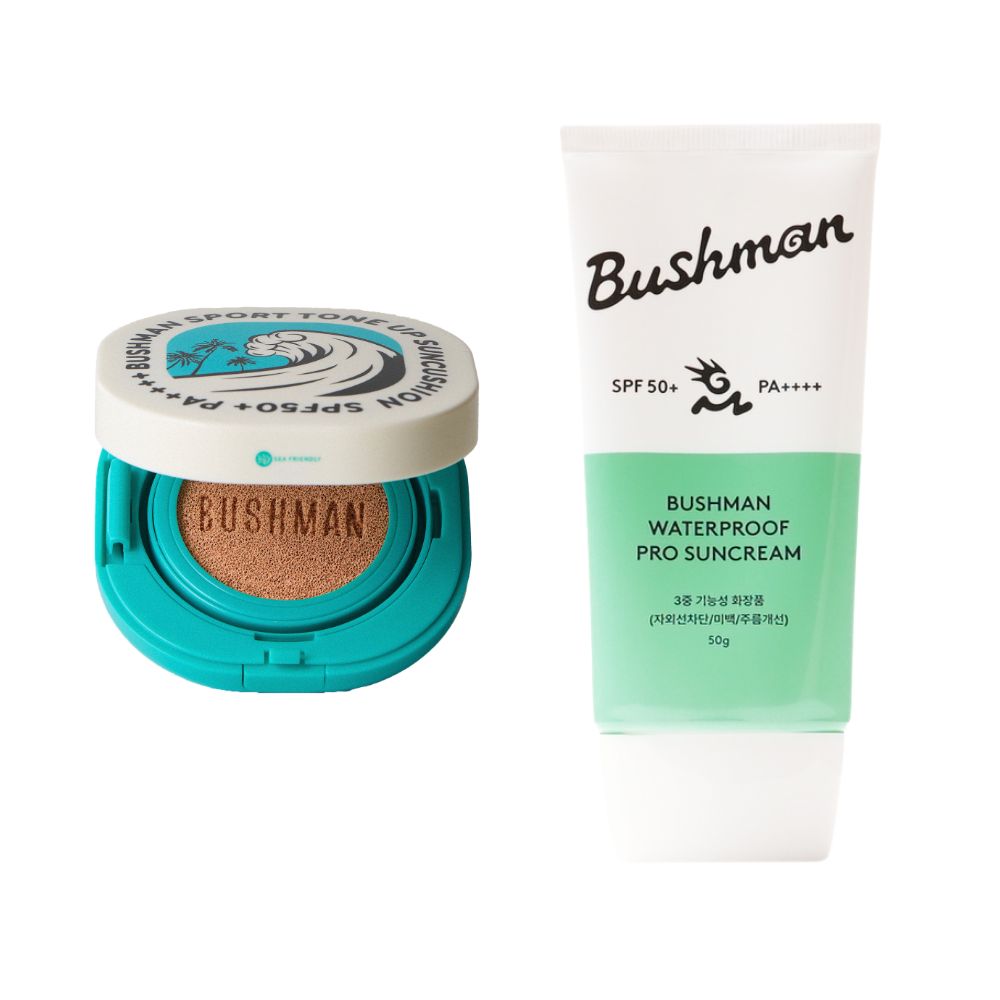 부쉬맨 스포츠 톤업 선쿠션 15g, 워터프루프 선크림 50g, SPF50+ PA++++ 2종세트 - 상품 이미지