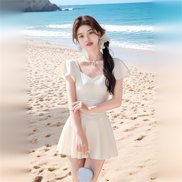 셔링 원피스 수영복 스커트형 여성 원피스 수영복 하트넥 체형커버 여름 - 상품 이미지