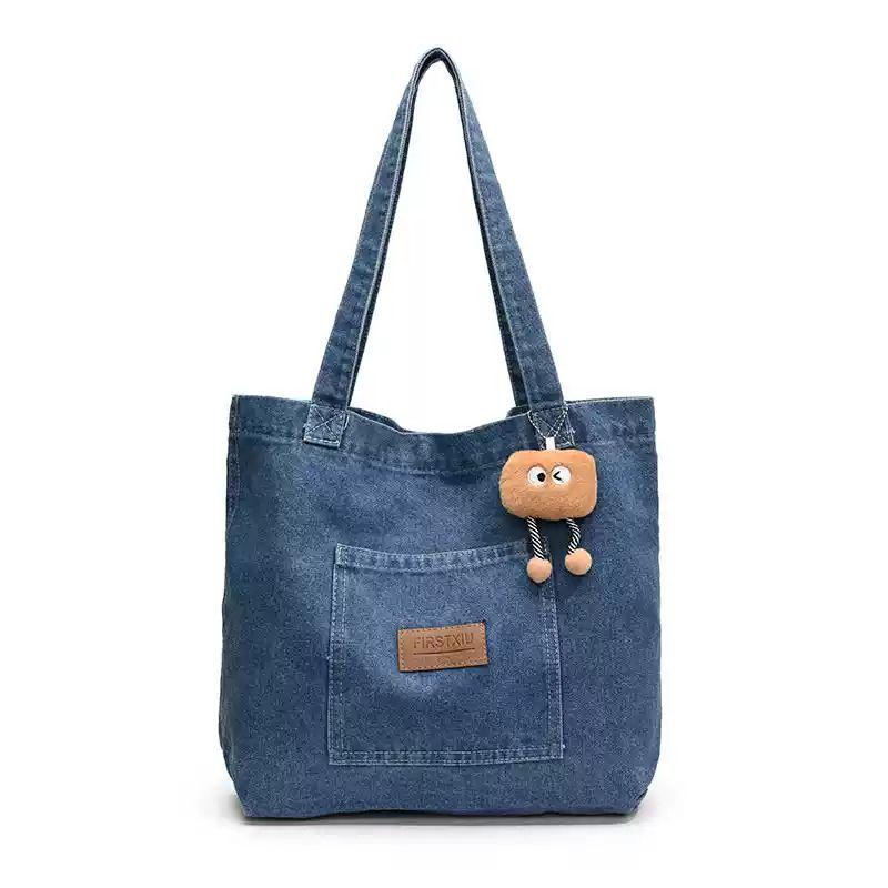 데님 캔버스 대용량 여성 쇼핑백 숄더백 데일리 가방 연파랑 이미지 6