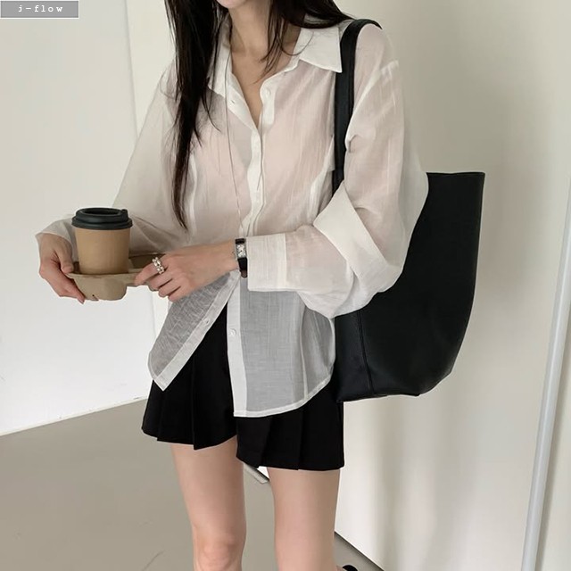 푸든 카라넥 옆버튼 라인 셔츠 2col 가을 봄 투웨이 시스루 하프 슬림핏 제이플로우 - 상품 이미지