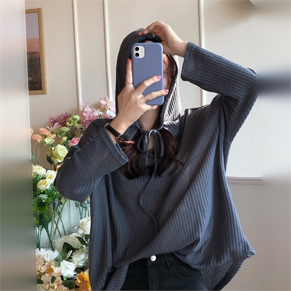 루즈핏 여성 와플 후드 티 데일리 여성 오버핏 티셔츠 봄가을 - 상품 이미지