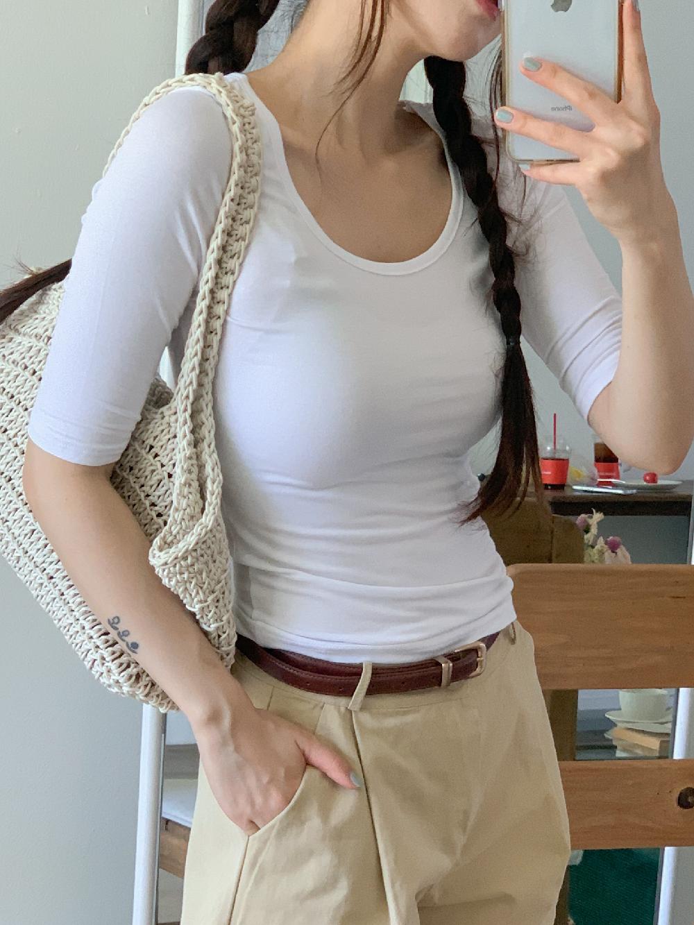 세미크롭티 유넥티 5부티셔츠 슬림 무지 기본 이너 반팔 티셔츠 이미지 6