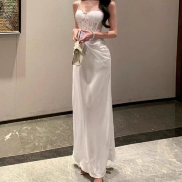 공주풍 셀프웨딩드레스 화이트 라인스톤 코르셋 새틴 드레이핑 뷔스티에 파티 원피스 - 상세 이미지 5