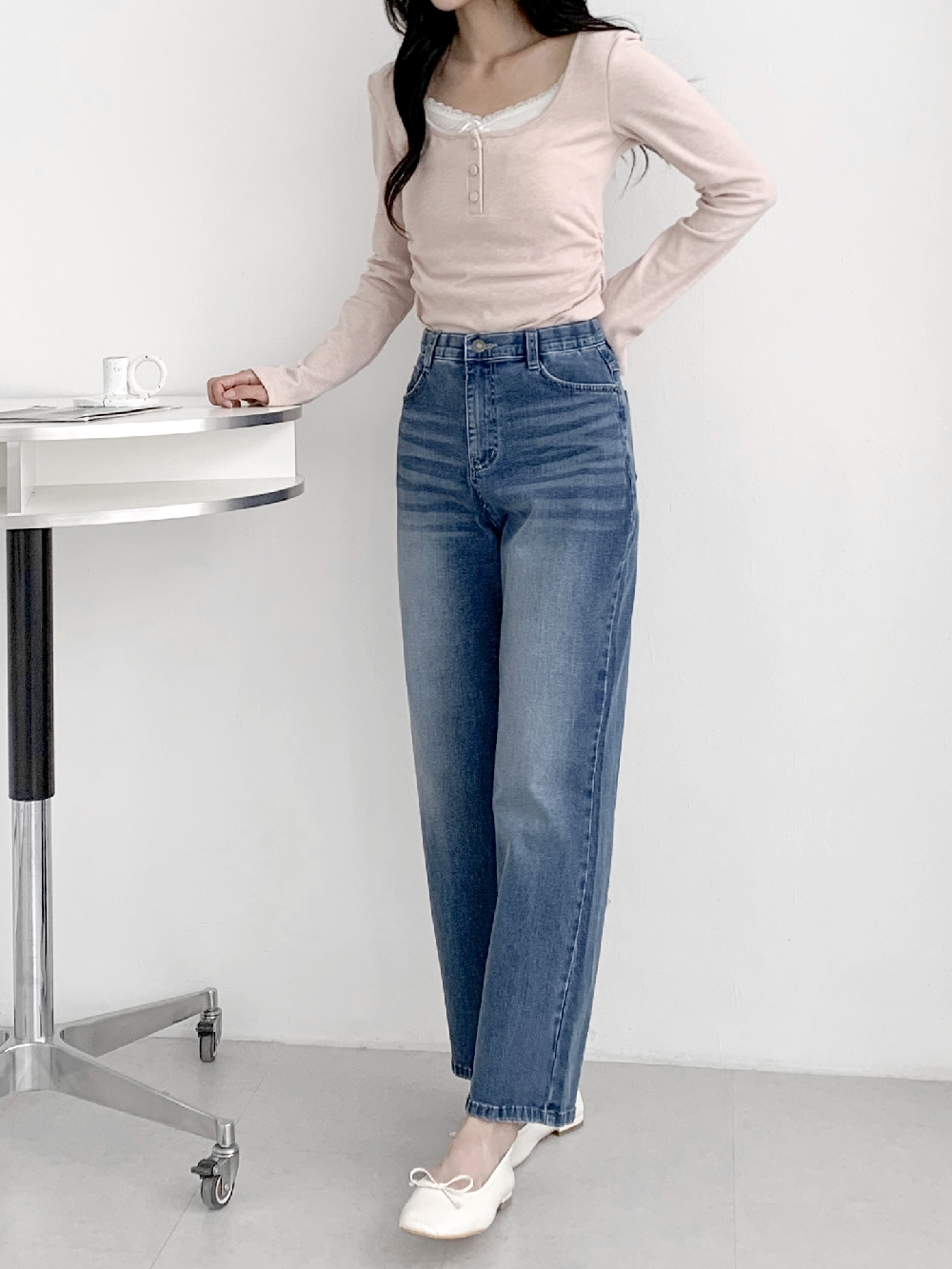 슬림 배기청바지 키작녀청바지 중청데님 하이웨스트 히든밴딩 스판 팬츠 - 상세 이미지 4