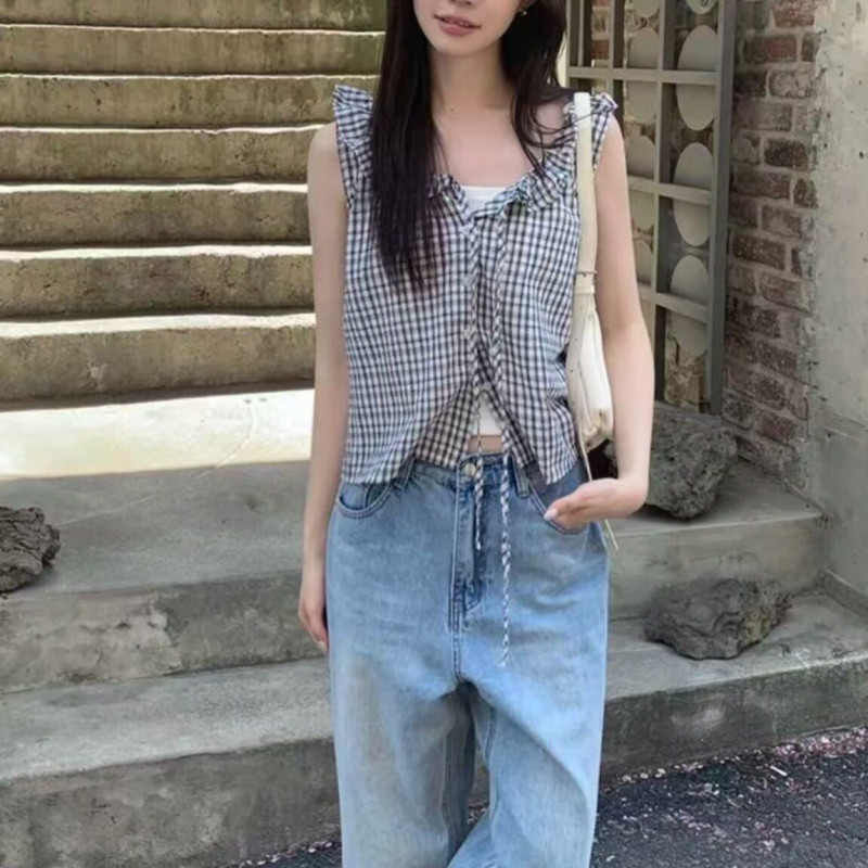여성 민소매 레트로 체크무늬 러플 장식 여름 캐주얼 체크프릴 데일리 앞리본 상의 - 상품 이미지