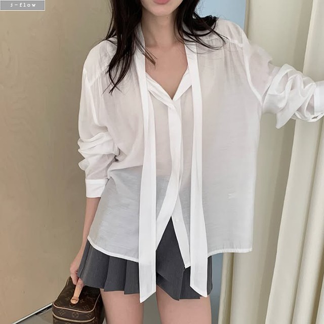 온나 루즈핏 리버시블 타이 블라우스 2col 가을 봄 투웨이 레이어드 긴팔 제이플로우 - 상세 이미지 5