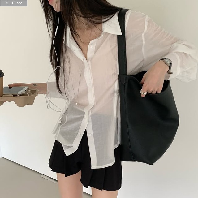 푸든 카라넥 옆버튼 라인 셔츠 2col 가을 봄 투웨이 시스루 하프 슬림핏 제이플로우 - 상세 이미지 5