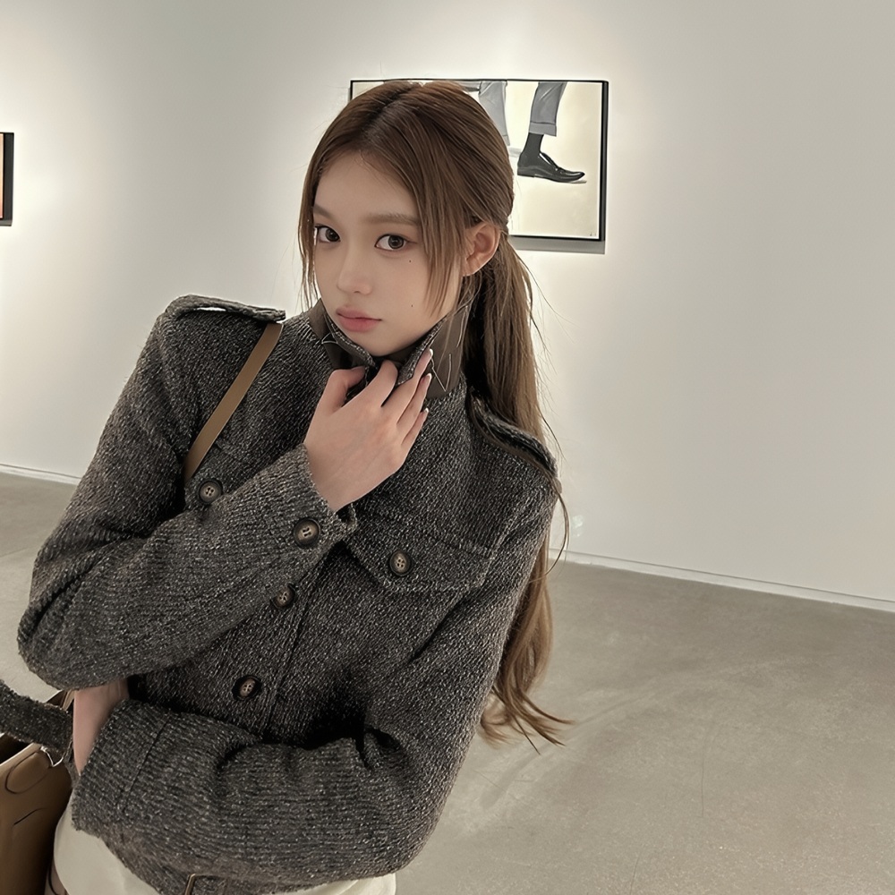 울 크롭 자켓 트윌 쇼트 퀼팅 벨트자켓 2color - 상품 이미지