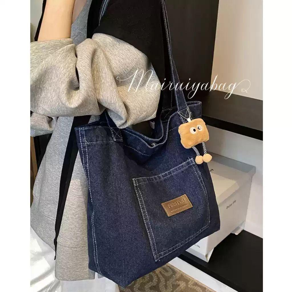 데님 캔버스 대용량 여성 쇼핑백 숄더백 데일리 가방 연파랑 - 상세 이미지 3