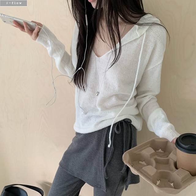 포닝 후드 브이넥 루즈핏 긴팔 니트 3col 가을 봄 레이어드 모헤어 오버핏 제이플로우 - 상세 이미지 4