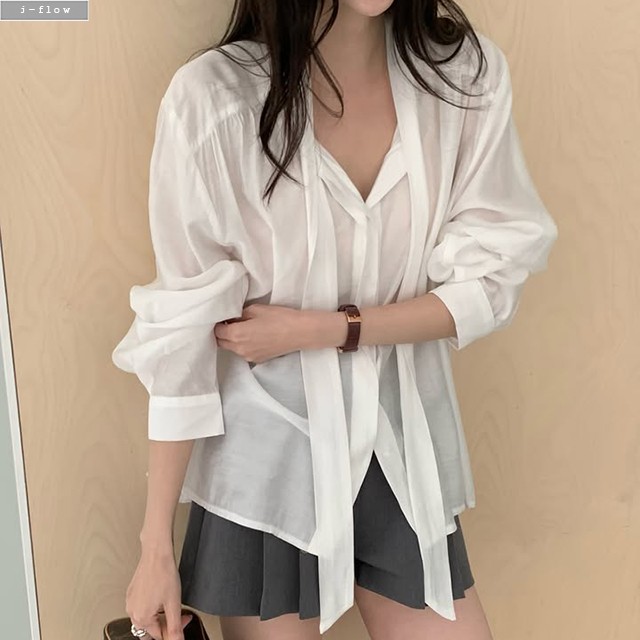온나 루즈핏 리버시블 타이 블라우스 2col 가을 봄 투웨이 레이어드 긴팔 제이플로우 - 상세 이미지 4