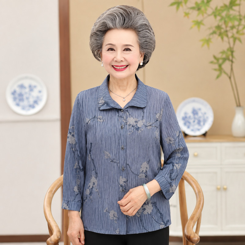 할머니옷 시니어 엄마옷 카라티 실내복 어르신 꽃무늬 802 어머니옷 블루 상의 L - 상품 이미지
