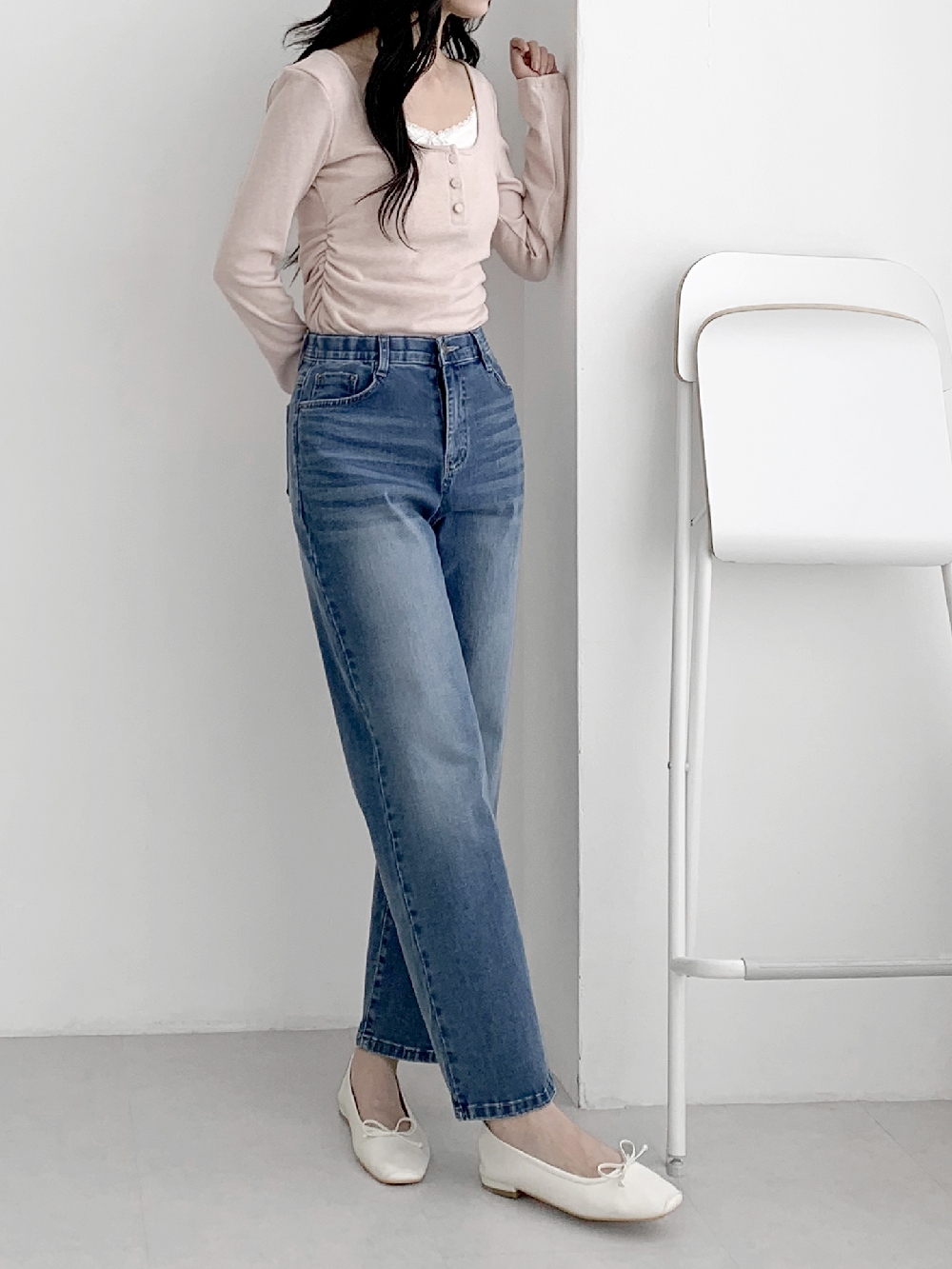 슬림 배기청바지 키작녀청바지 중청데님 하이웨스트 히든밴딩 스판 팬츠 - 상세 이미지 3