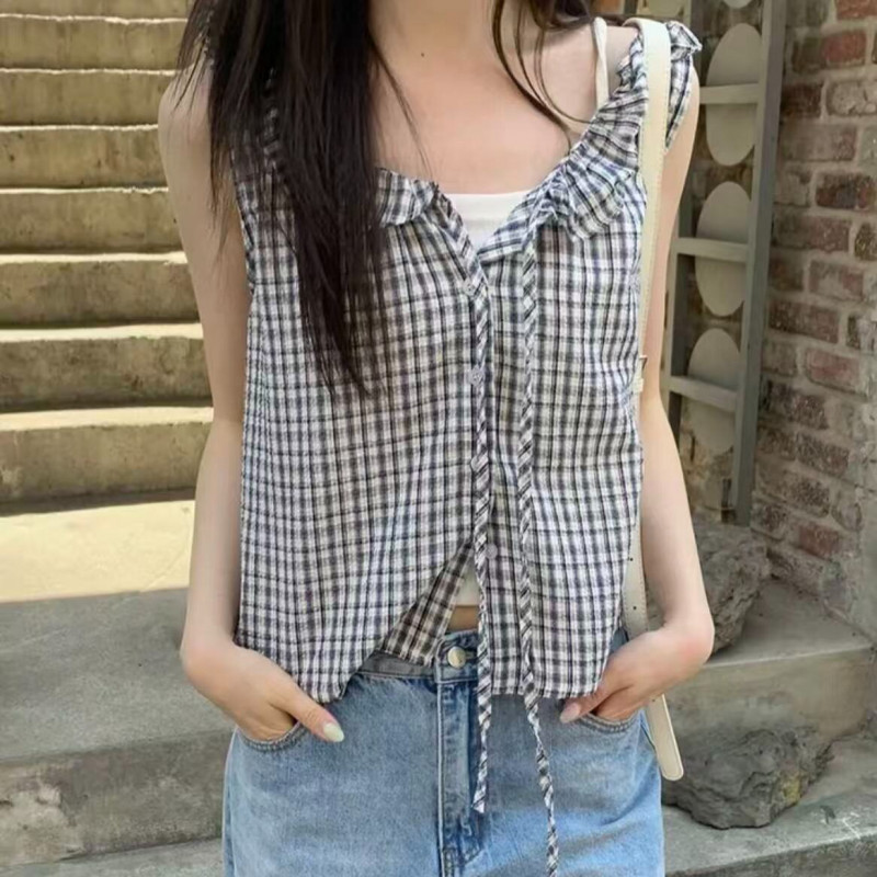 여성 민소매 레트로 체크무늬 러플 장식 여름 캐주얼 체크프릴 데일리 앞리본 상의 - 상세 이미지 4