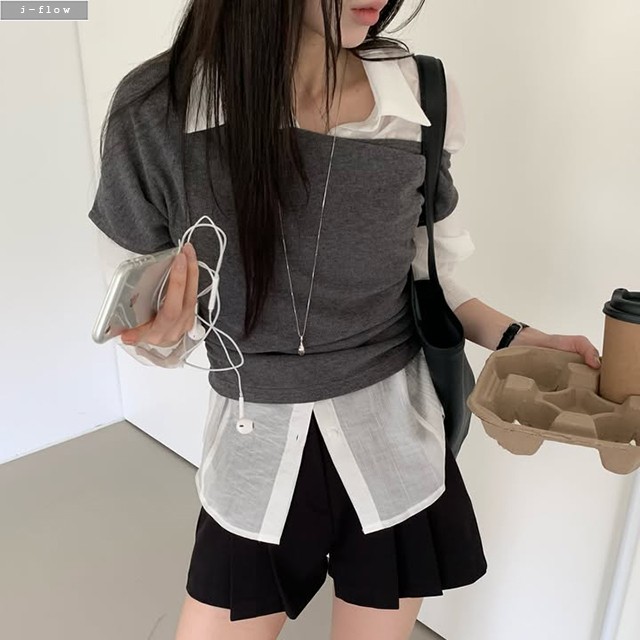 푸든 카라넥 옆버튼 라인 셔츠 2col 가을 봄 투웨이 시스루 하프 슬림핏 제이플로우 이미지 6
