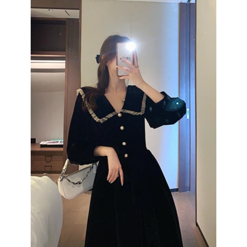 햅번풍 세일러카라 블랙 벨벳 원피스 플레어 연말 하객룩 여성 가을 패션 - 상세 이미지 3