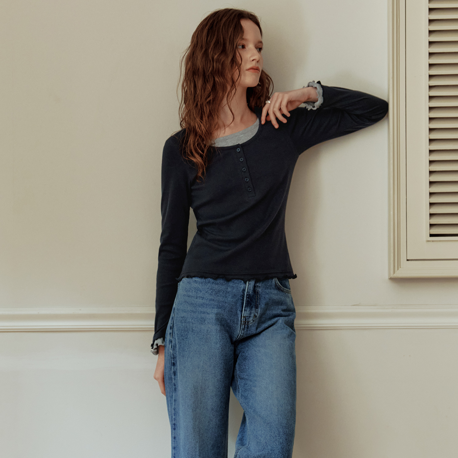 [제로스트릿][3컬러] 레이어드 헨리넥 티셔츠 LAYERED HENLEY NECK T-SHIRT - 상세 이미지 2