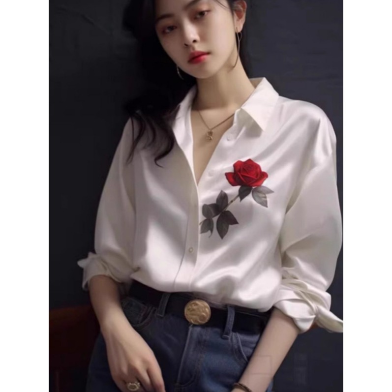 로즈 프린팅 새틴 셔츠 블라우스 럭셔리 여신룩 아이스 실크 장미 여성 L - 상세 이미지 3