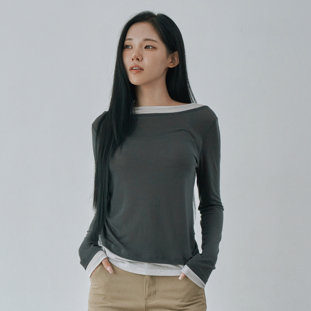 WT-100 배색 셔링 티셔츠 차콜 - 상세 이미지 2
