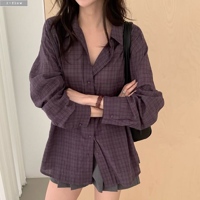 호키 카라넥 빈티지 체크 오버핏 셔츠 2col 가을 봄 루즈핏 아우터 데일리 제이플로우 - 상품 이미지