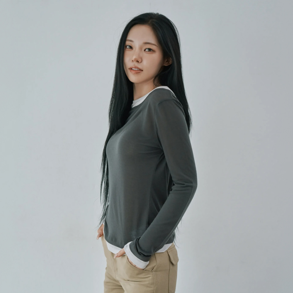 WT-100 배색 셔링 티셔츠 차콜 - 상세 이미지 3