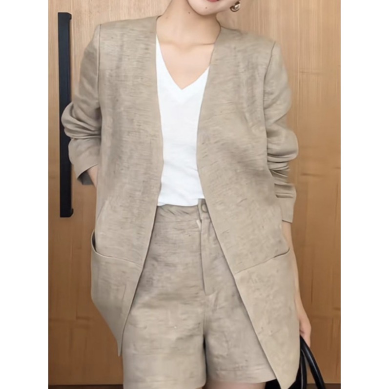 린넨 하프팬츠 셋업 노카라 자켓 여성 여름 세미정장 투피스 오피스룩 xl - 상세 이미지 3