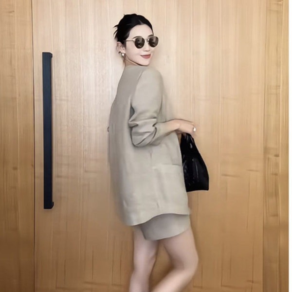 린넨 하프팬츠 셋업 노카라 자켓 여성 여름 세미정장 투피스 오피스룩 xl - 상세 이미지 5
