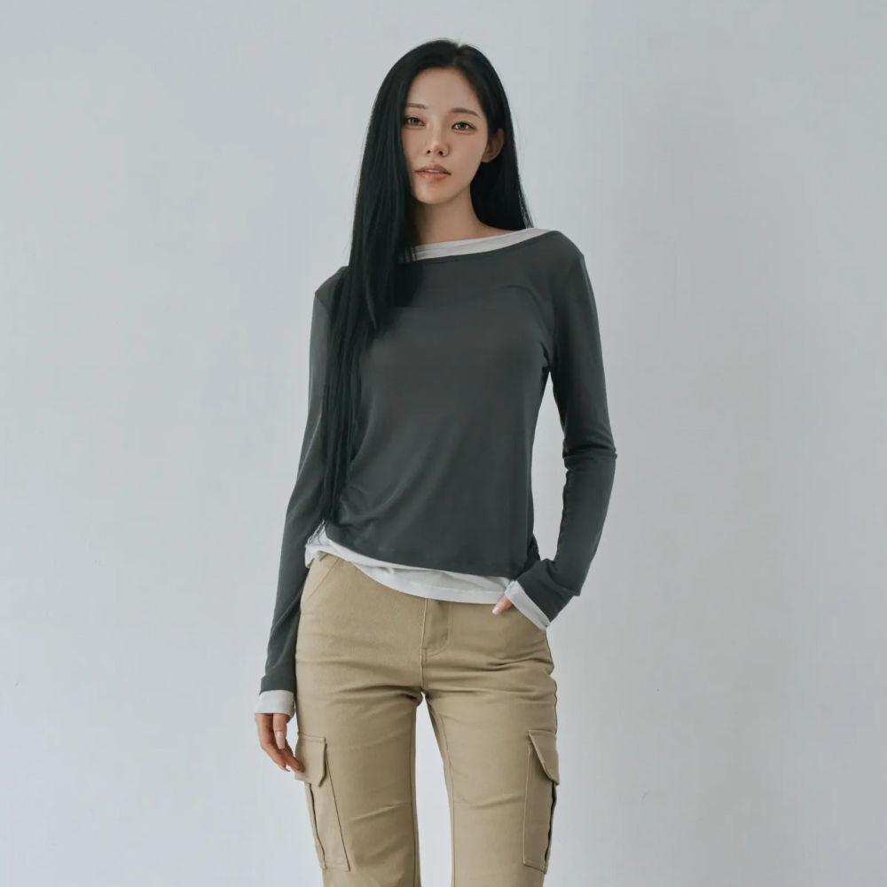 WT-100 배색 셔링 티셔츠 차콜 이미지 6