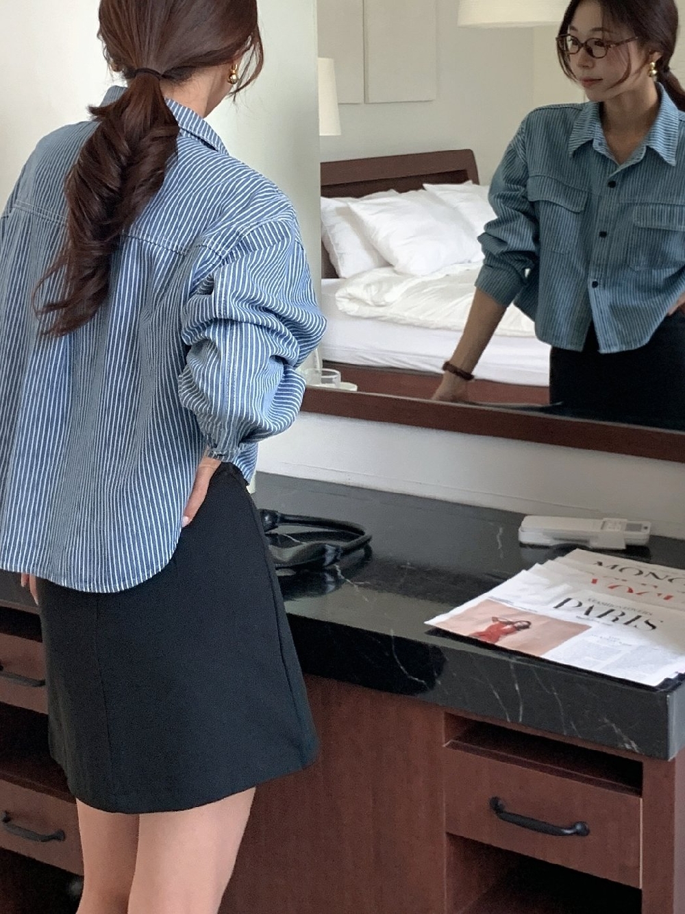 크롭셔츠 청남방 데님셔츠 빅사이즈 스트라이프 가을 언발 남방 이미지 6