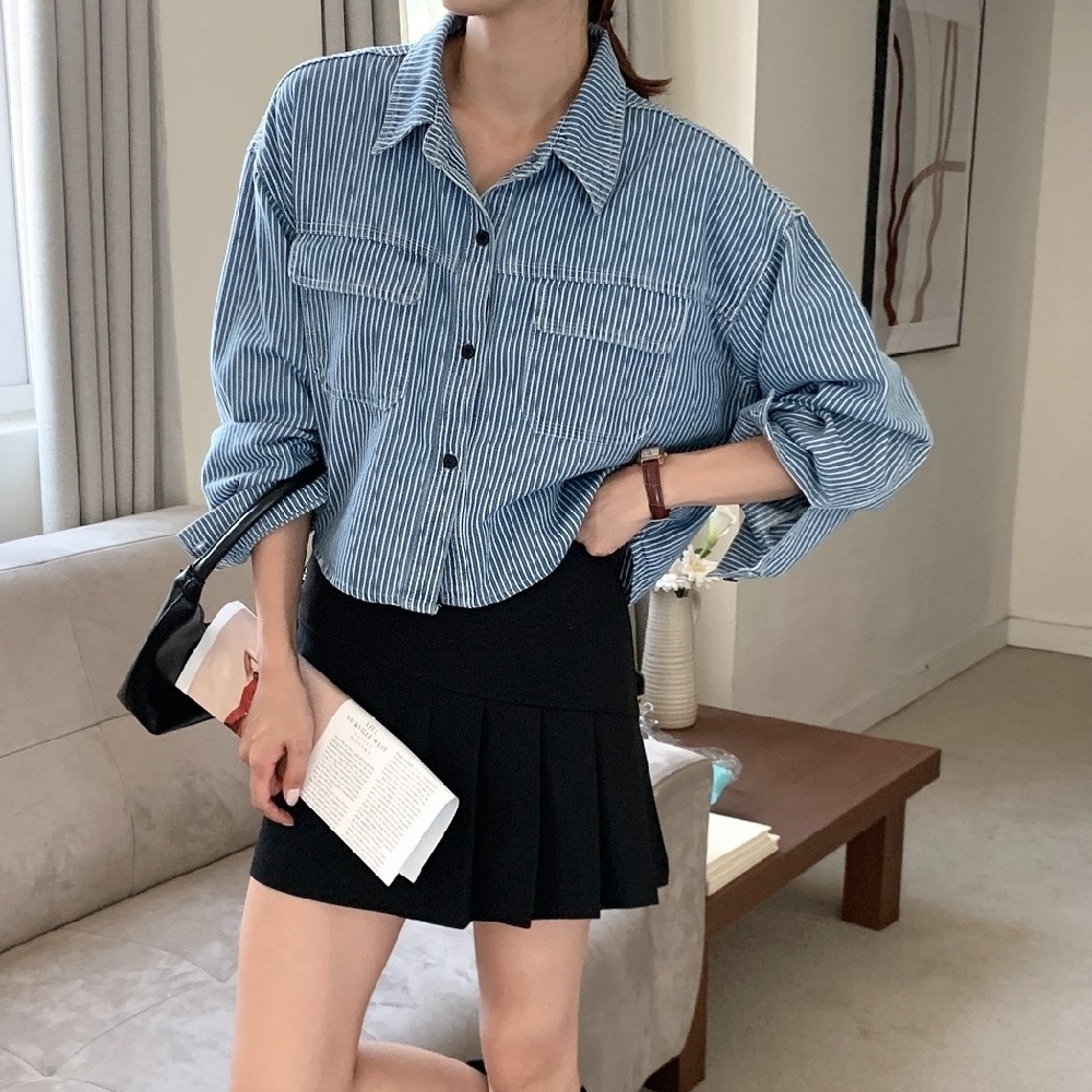 크롭셔츠 청남방 데님셔츠 빅사이즈 스트라이프 가을 언발 남방 - 상품 이미지