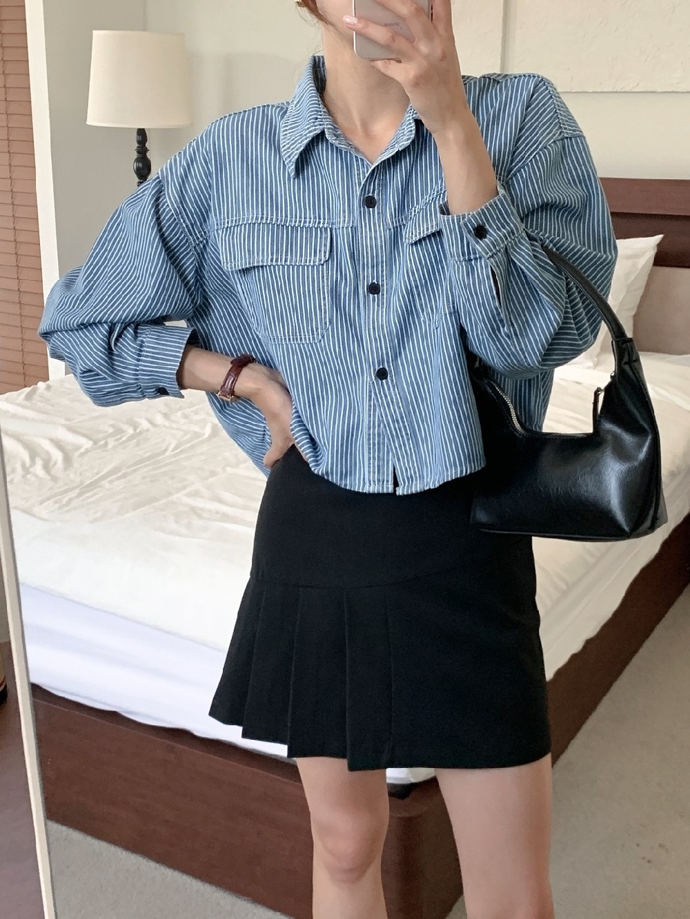 크롭셔츠 청남방 데님셔츠 빅사이즈 스트라이프 가을 언발 남방 - 상세 이미지 4