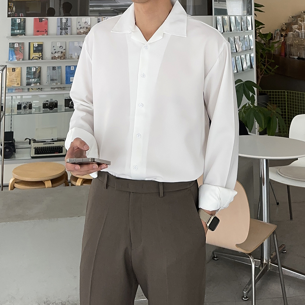 남자 셔츠 오버핏 오픈카라 링클프리 흰 블랙 검정 실크 남방 난방 남성 와이셔츠 - 상세 이미지 4