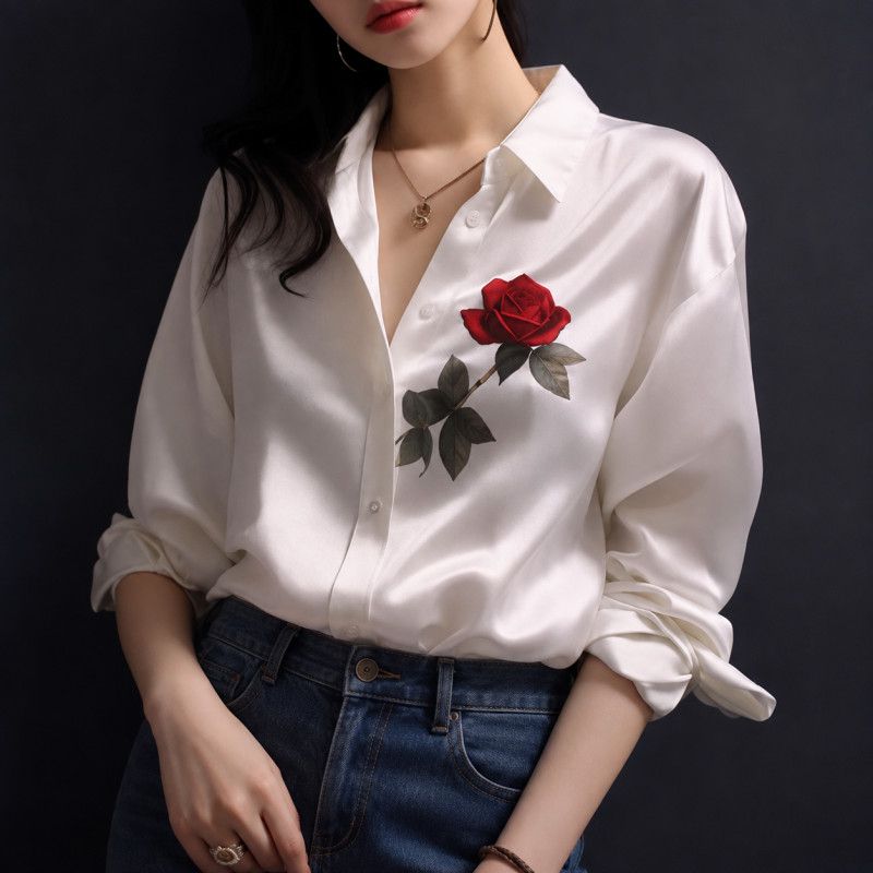 로즈 프린팅 새틴 셔츠 블라우스 럭셔리 여신룩 아이스 실크 장미 여성 L - 상품 이미지