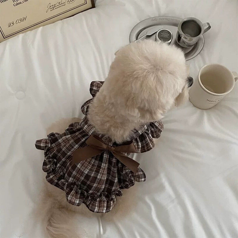 고양이 강아지 예쁜 체크 셔츠티 원피스 멜빵 프릴 소형견 공주 치마옷 - 상품 이미지