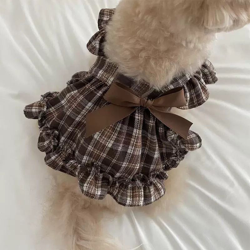 고양이 강아지 예쁜 체크 셔츠티 원피스 멜빵 프릴 소형견 공주 치마옷 - 상세 이미지 4