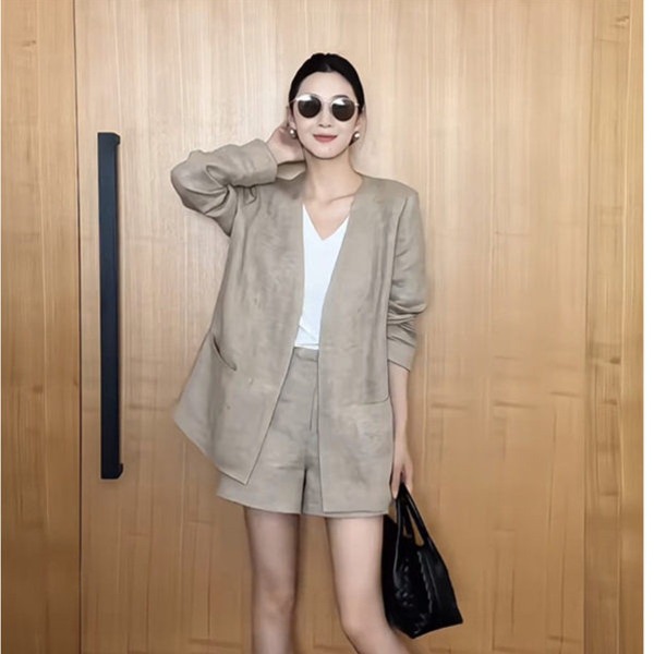 린넨 하프팬츠 셋업 노카라 자켓 여성 여름 세미정장 투피스 오피스룩 xl - 상세 이미지 2