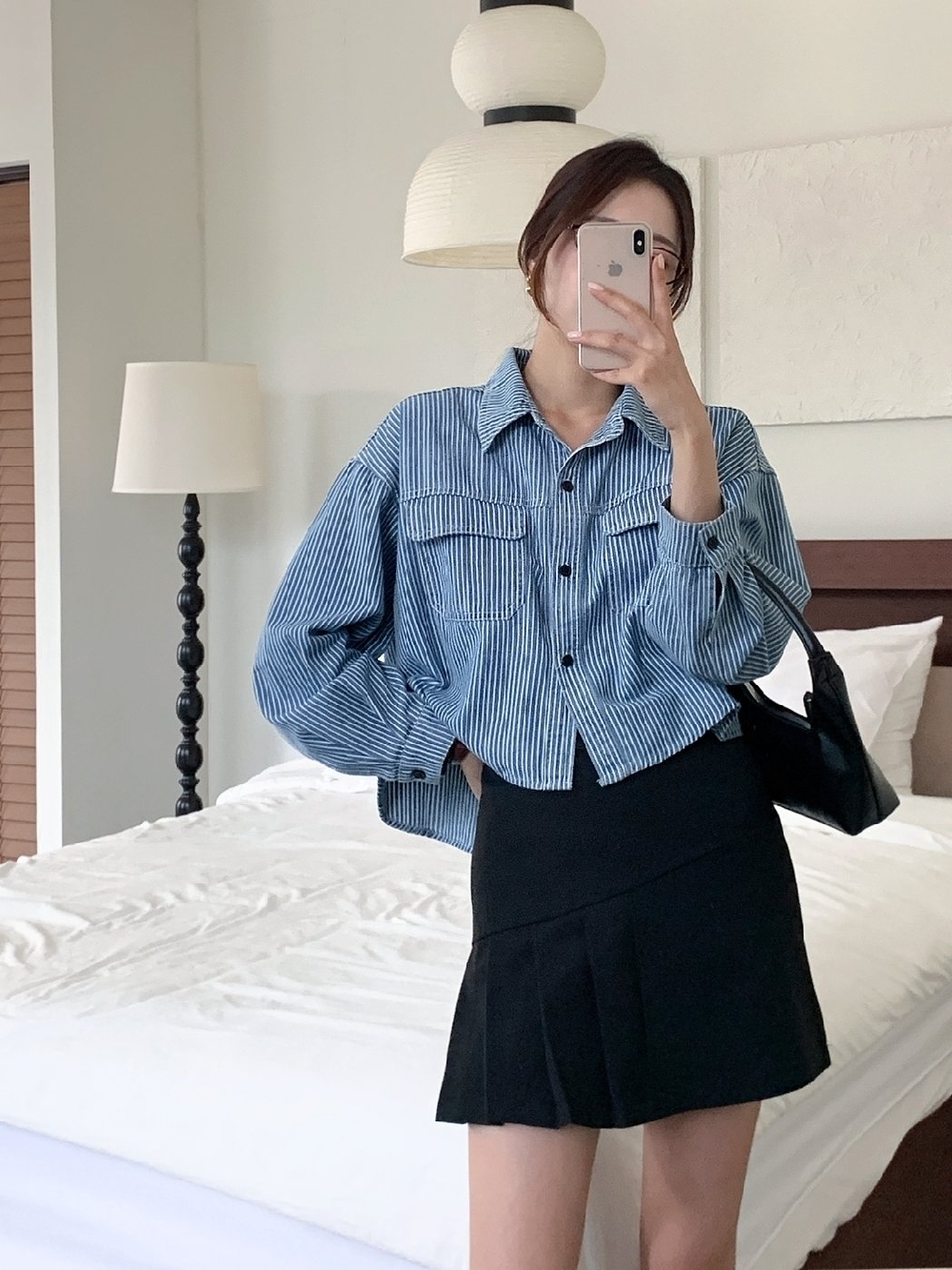 크롭셔츠 청남방 데님셔츠 빅사이즈 스트라이프 가을 언발 남방 - 상세 이미지 3