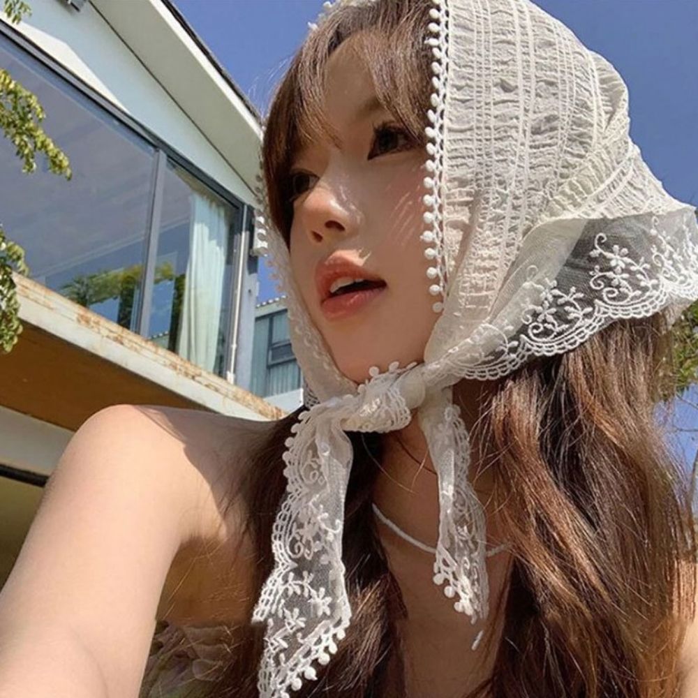 1+1 레이스두건 헤어두건여름 삼각 머리에쓰는 망사 스카프 - 상세 이미지 2