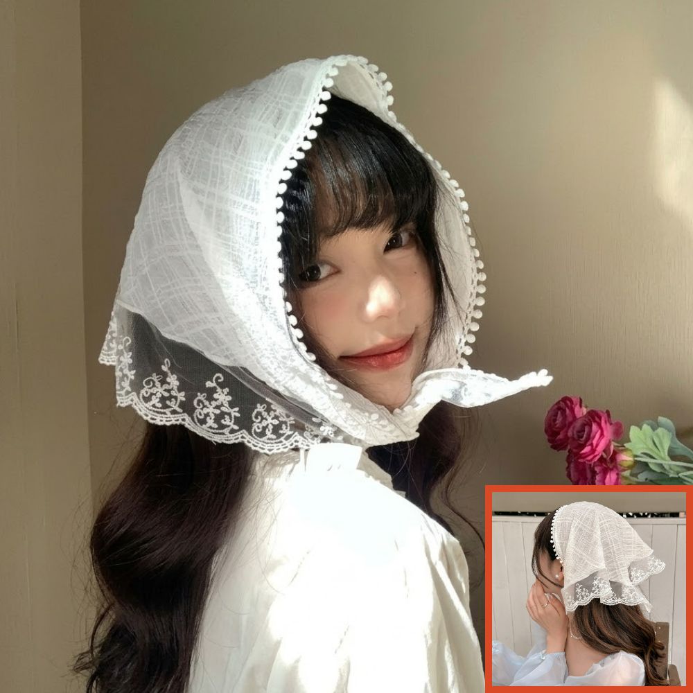 1+1 레이스두건 헤어두건여름 삼각 머리에쓰는 망사 스카프 - 상품 이미지