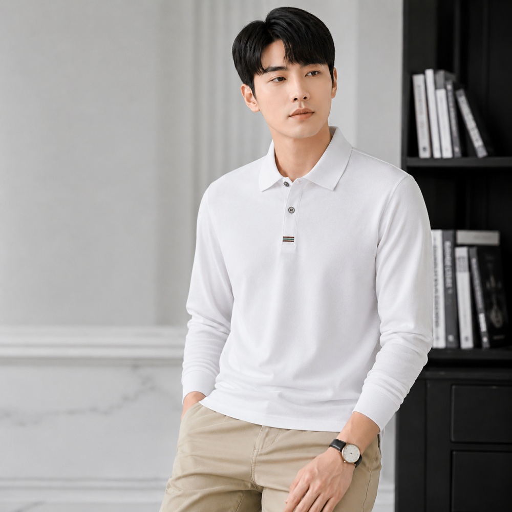 남성 순면 피케 긴팔 카라티 슬림핏 베이직 비즈니스 캐주얼 티셔츠 - 상품 이미지