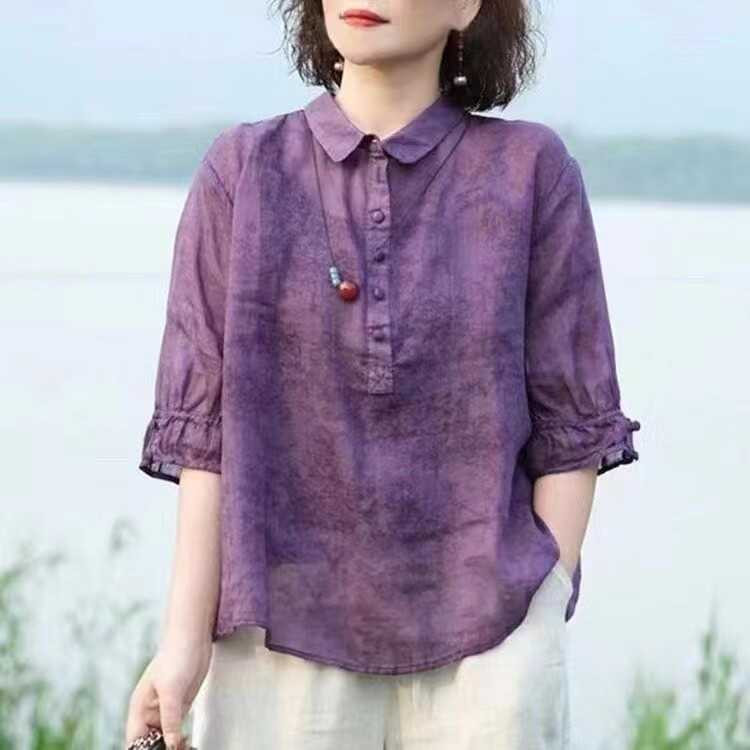 여성 중년여성 모시블라우스 젊은 엄마옷 여름 브이넥 린넨 할머니 50대 루즈핏 핑크 XL - 상세 이미지 2