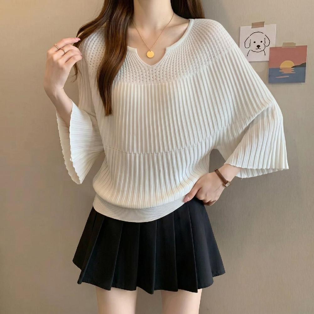 여성 여름 아이스실크 브이넥 반팔 티셔츠 7부 데일리 캐주얼 - 상품 이미지