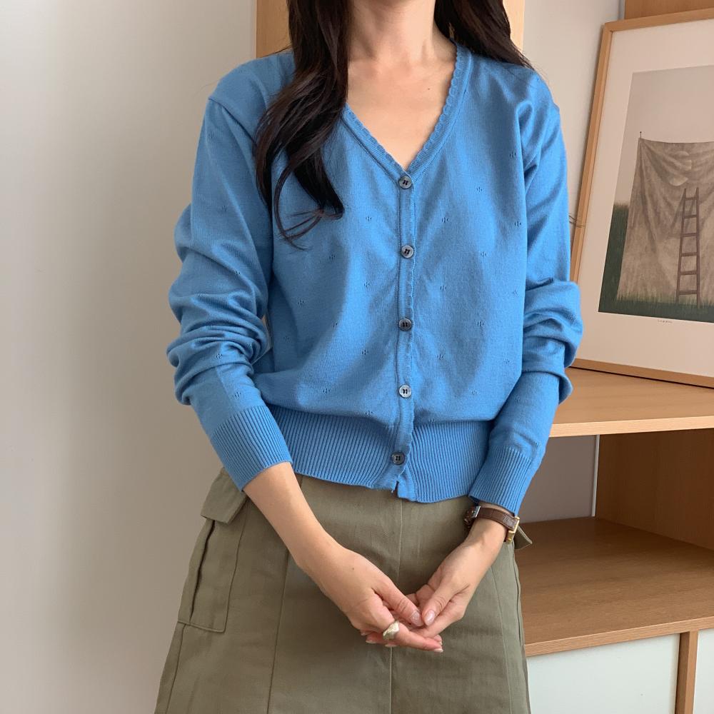 여성가을가디건 펀칭 물결 브이넥 긴팔 니트 가디건 - 상품 이미지